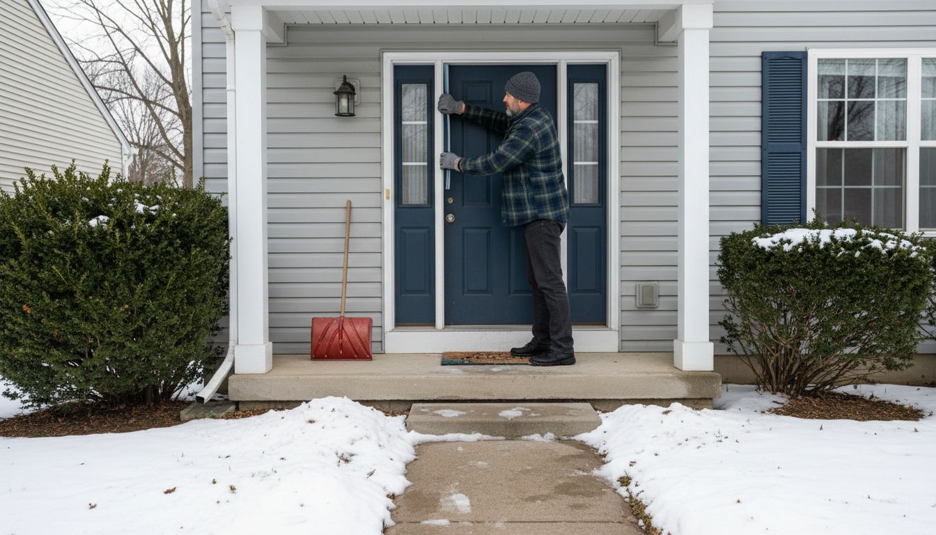 Homeowner sealing door exterior in Michigan winter