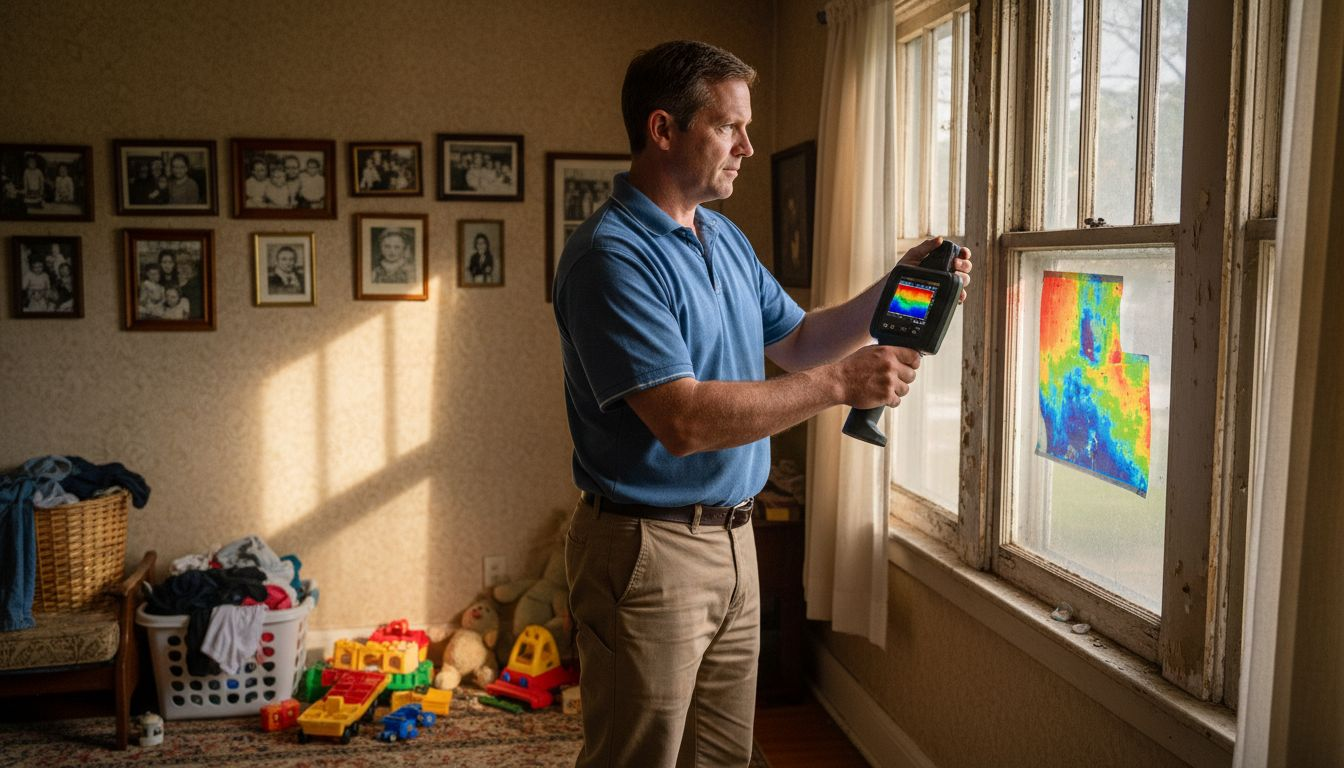 Energy auditor scanning old Michigan windows