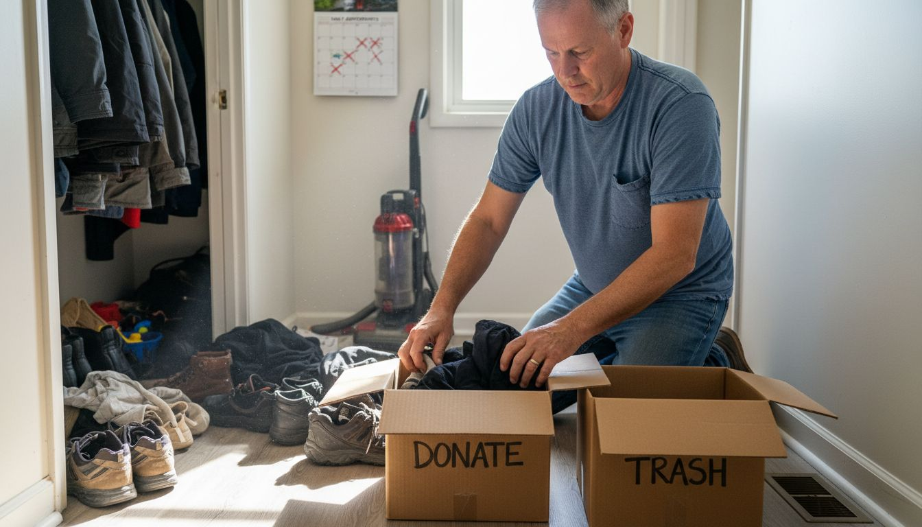 Homeowner sorting items for decluttering stage