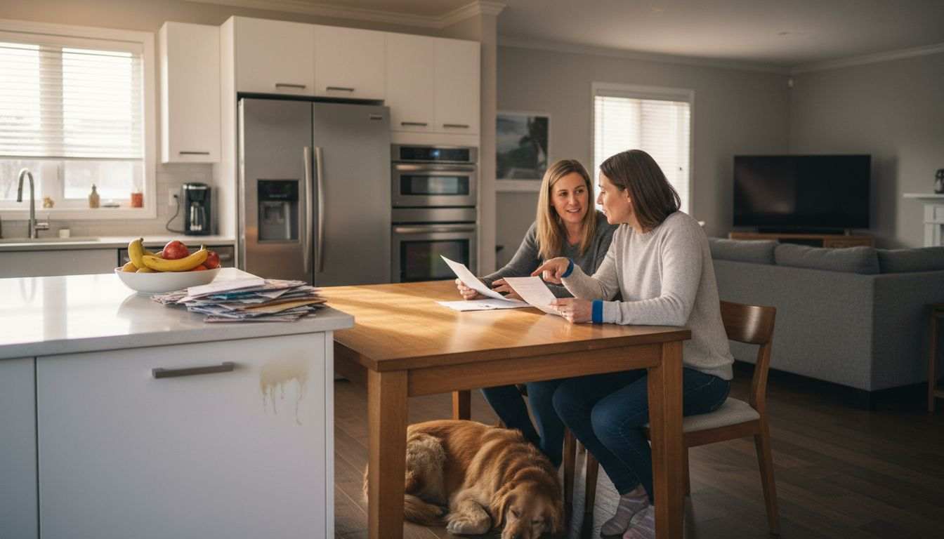 Couple planning in open concept kitchen and dining