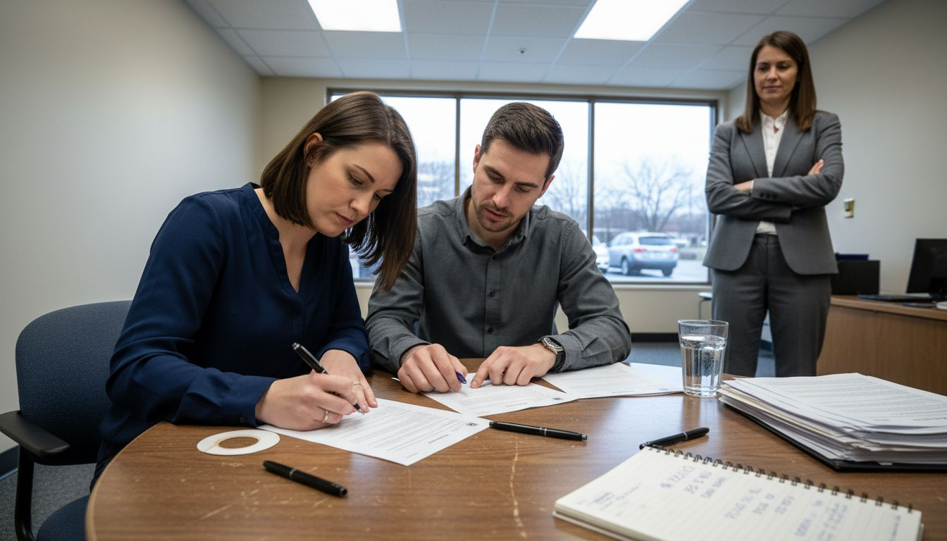 Couple signing escrow paperwork with agent