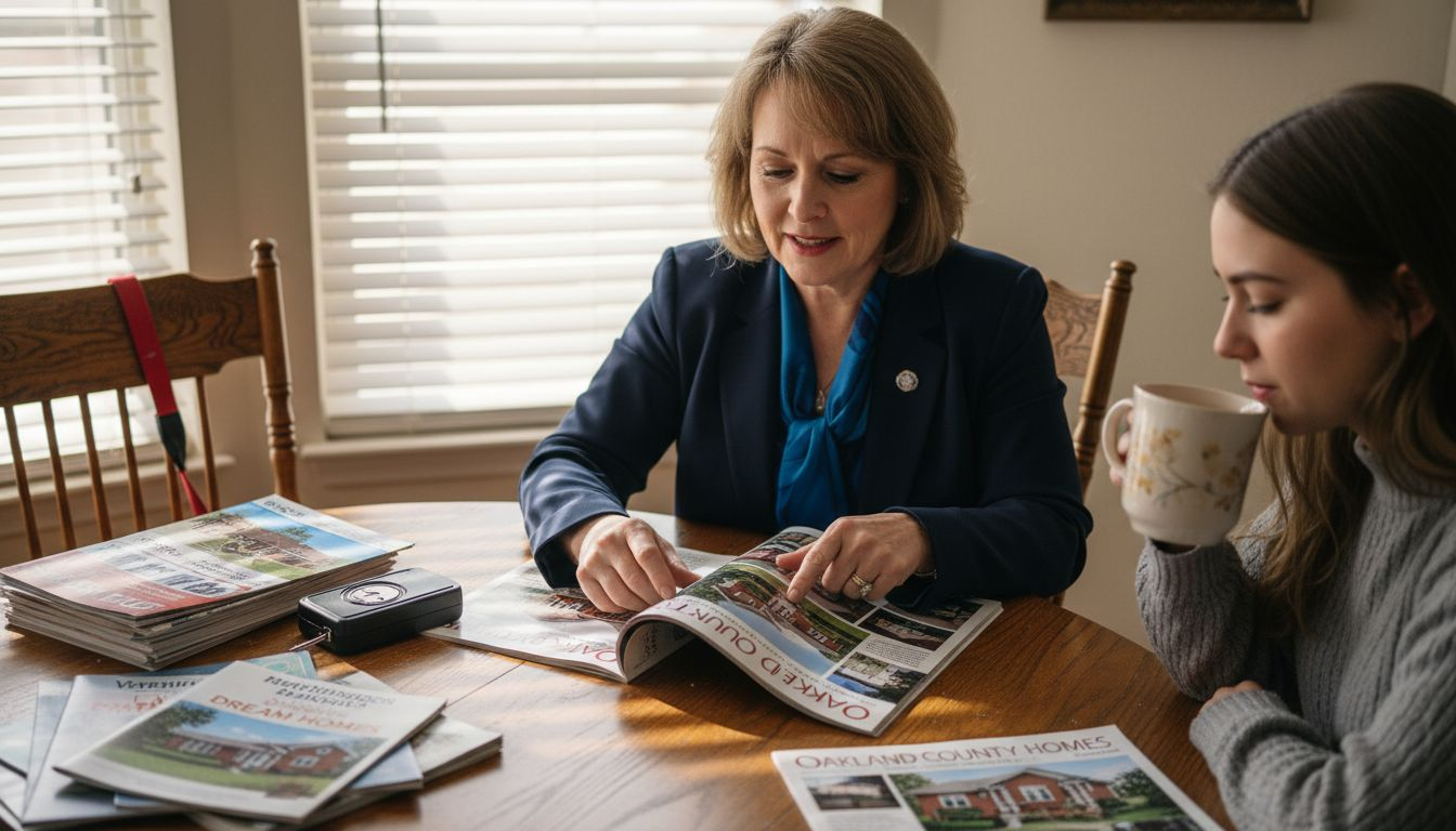 Real estate agent and client look at listings