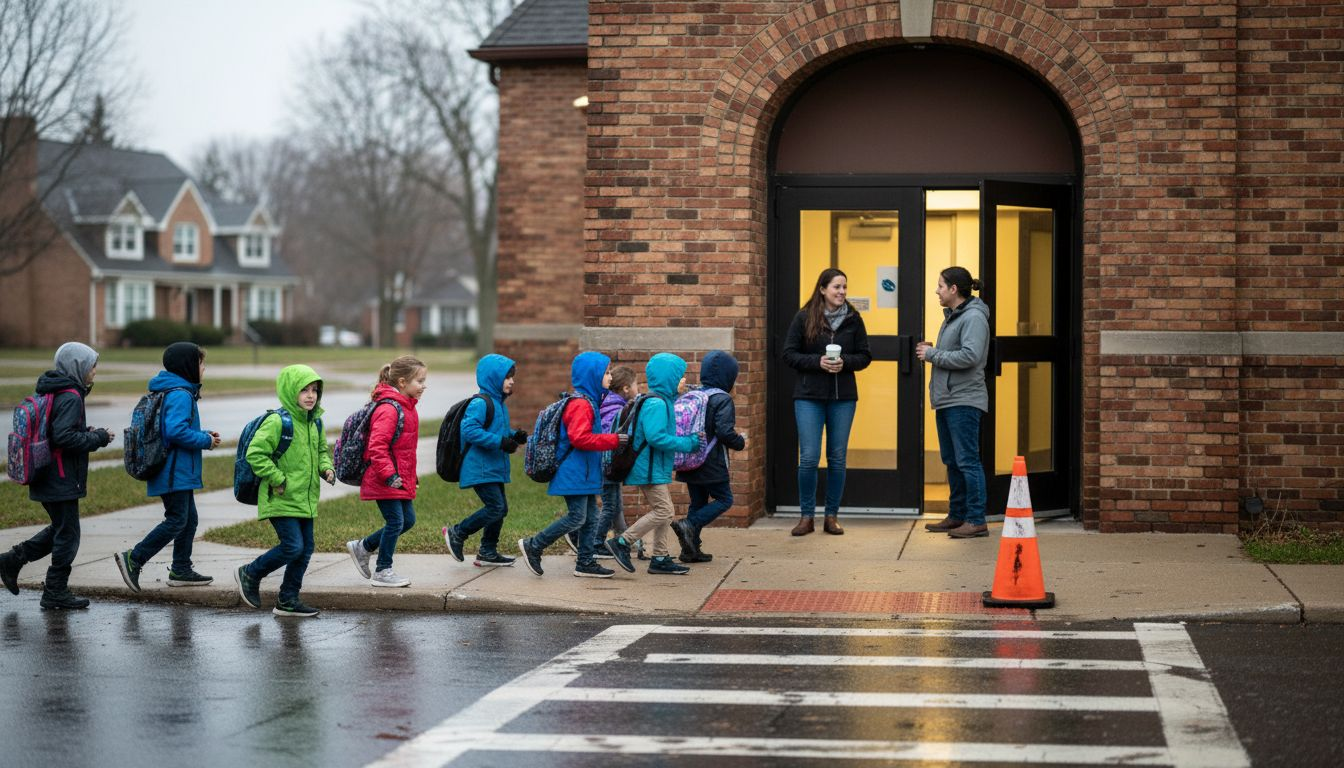 Children entering Oakland County school building