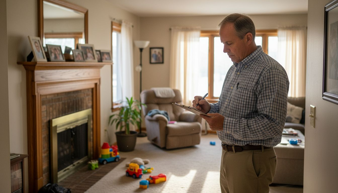 Man inspecting cluttered living room for sale