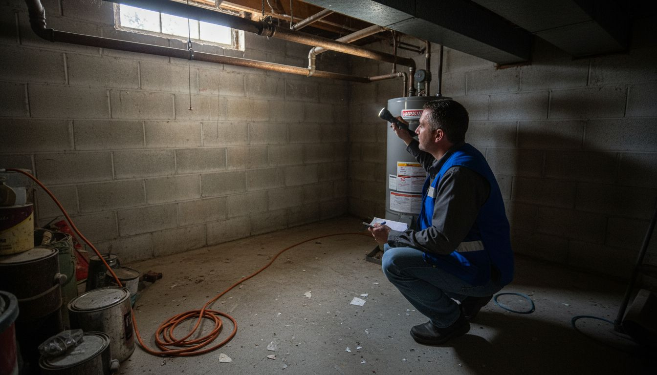 Inspector examines pipes in home basement