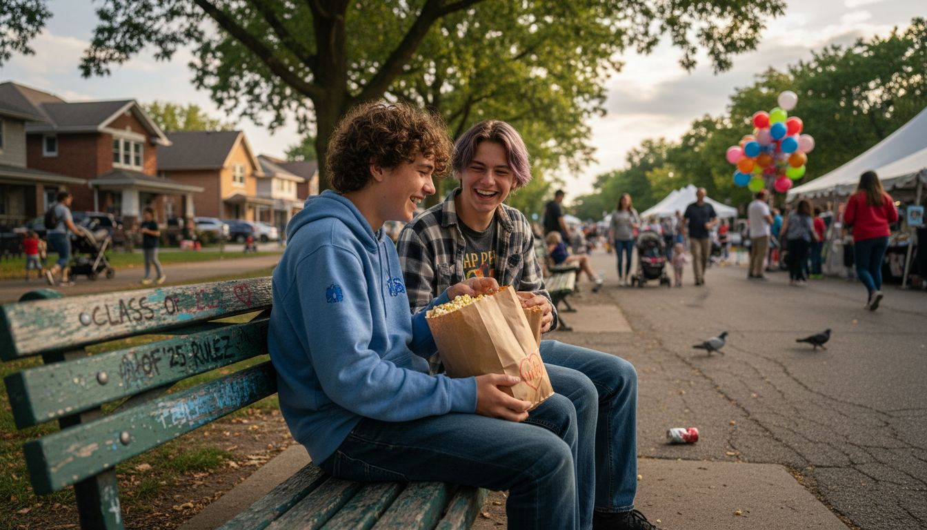 Downtown park with families and local event