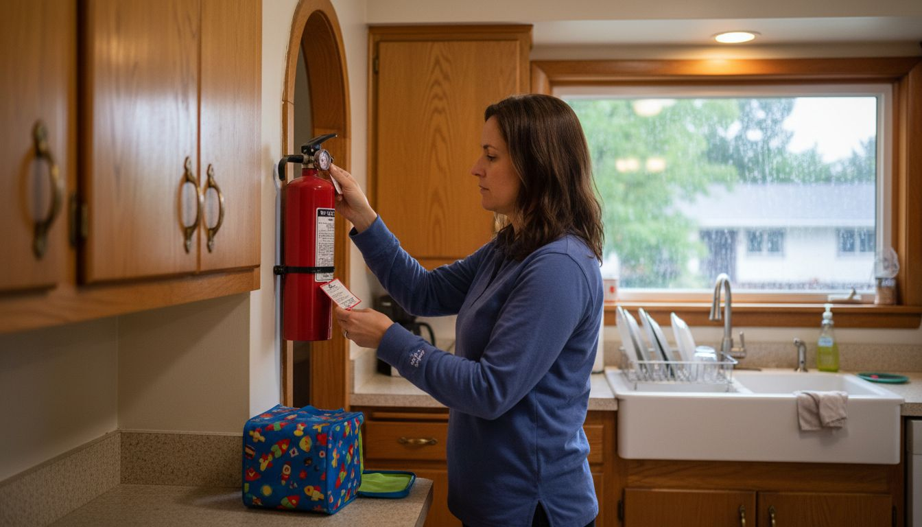 Woman checking fire extinguisher in kitchen