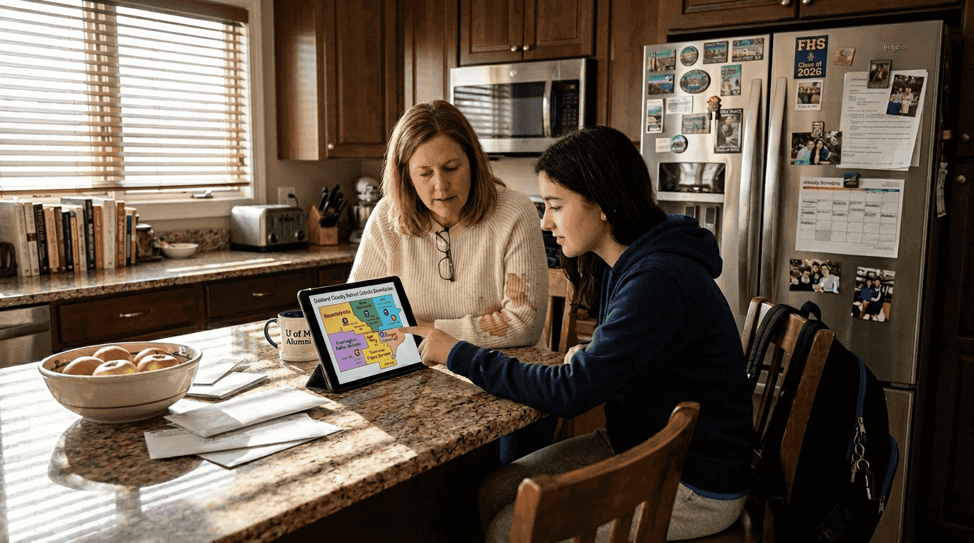Mother and daughter checking school boundaries map