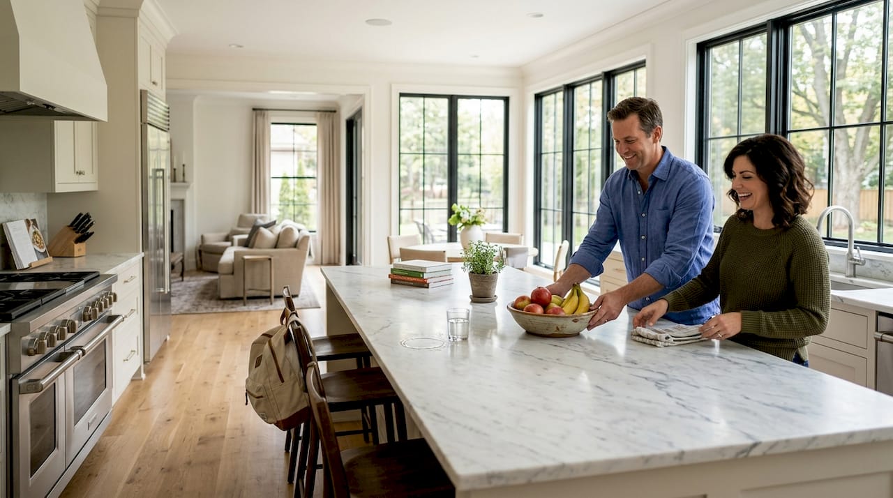 Luxury home kitchen with couple and sunlight