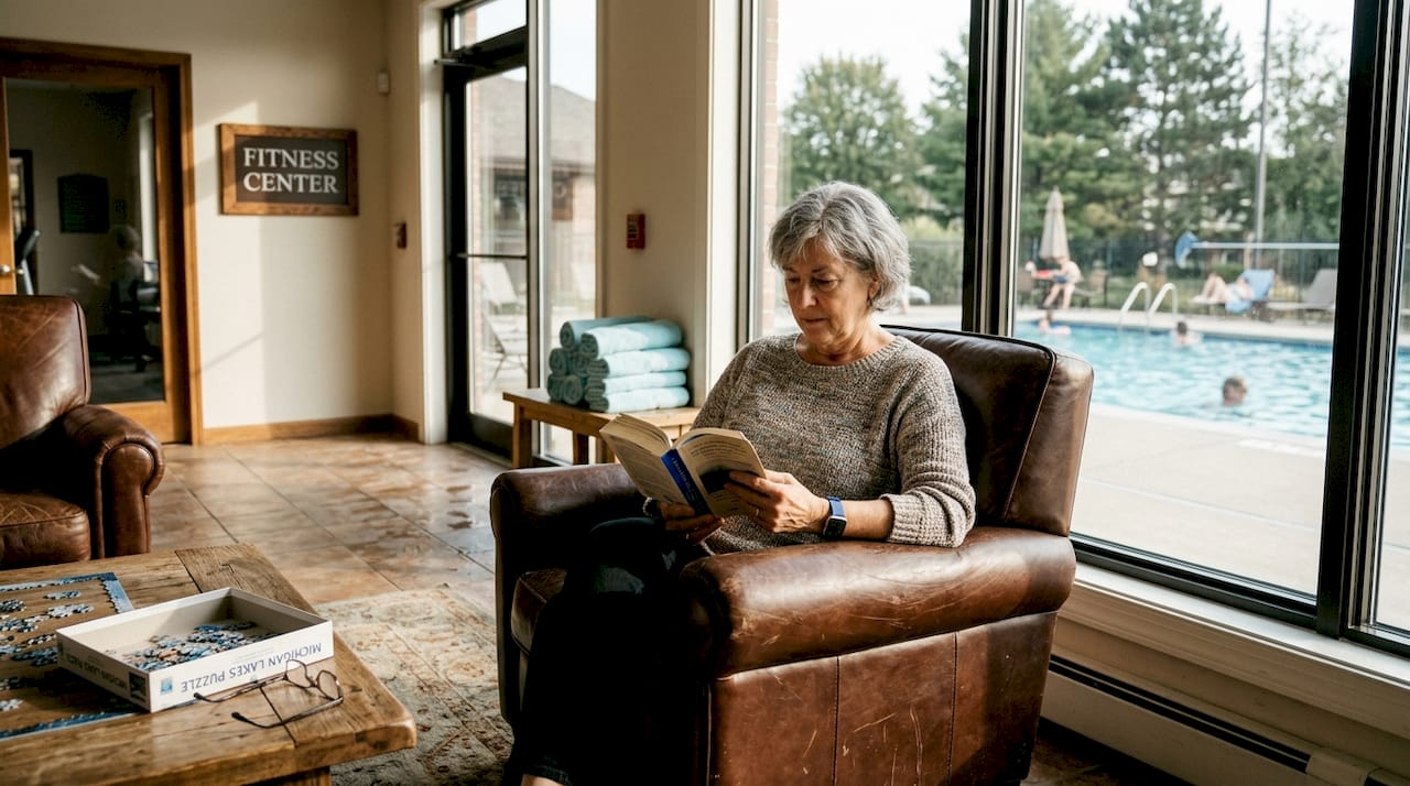 Shared condo clubhouse with amenities in use