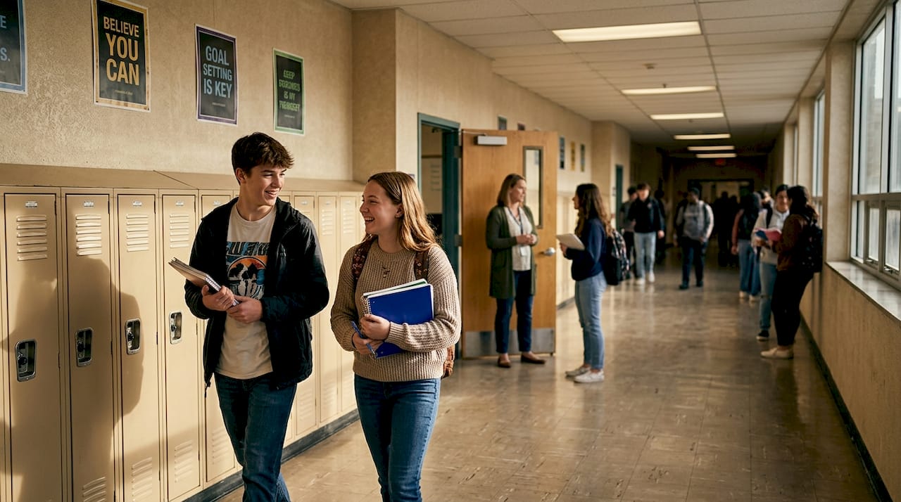 Students walking in busy high school hallway
