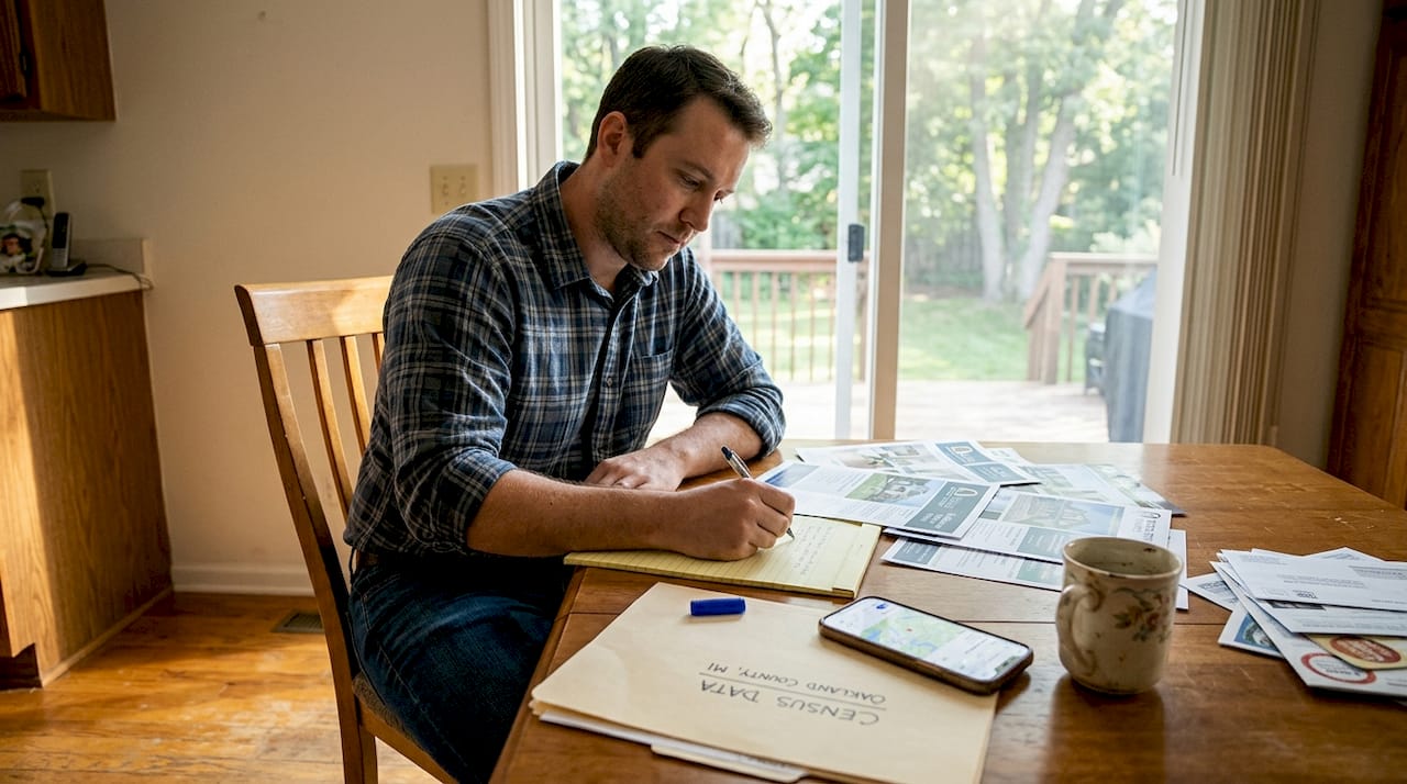 Homebuyer reviewing Oakland County market flyers