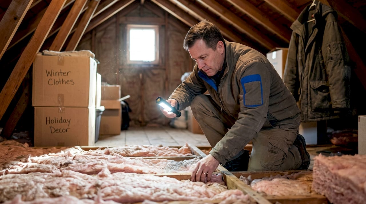 Contractor checking attic insulation Oakland home