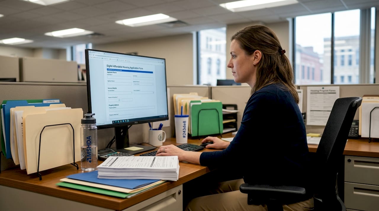 Affordable housing agent reviewing application forms