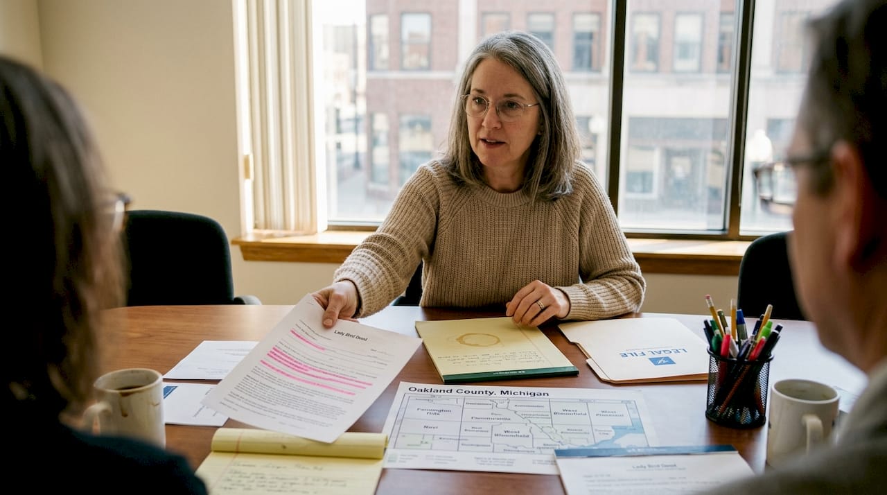 Attorney showing Lady Bird deed paperwork to client