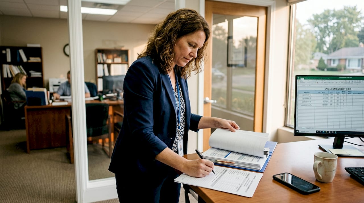 Licensed appraiser reviewing comparable sales documents for Oakland County Michigan residential home appraisal Farmington Hills 2026 Tom Gilliam RE/MAX Classic