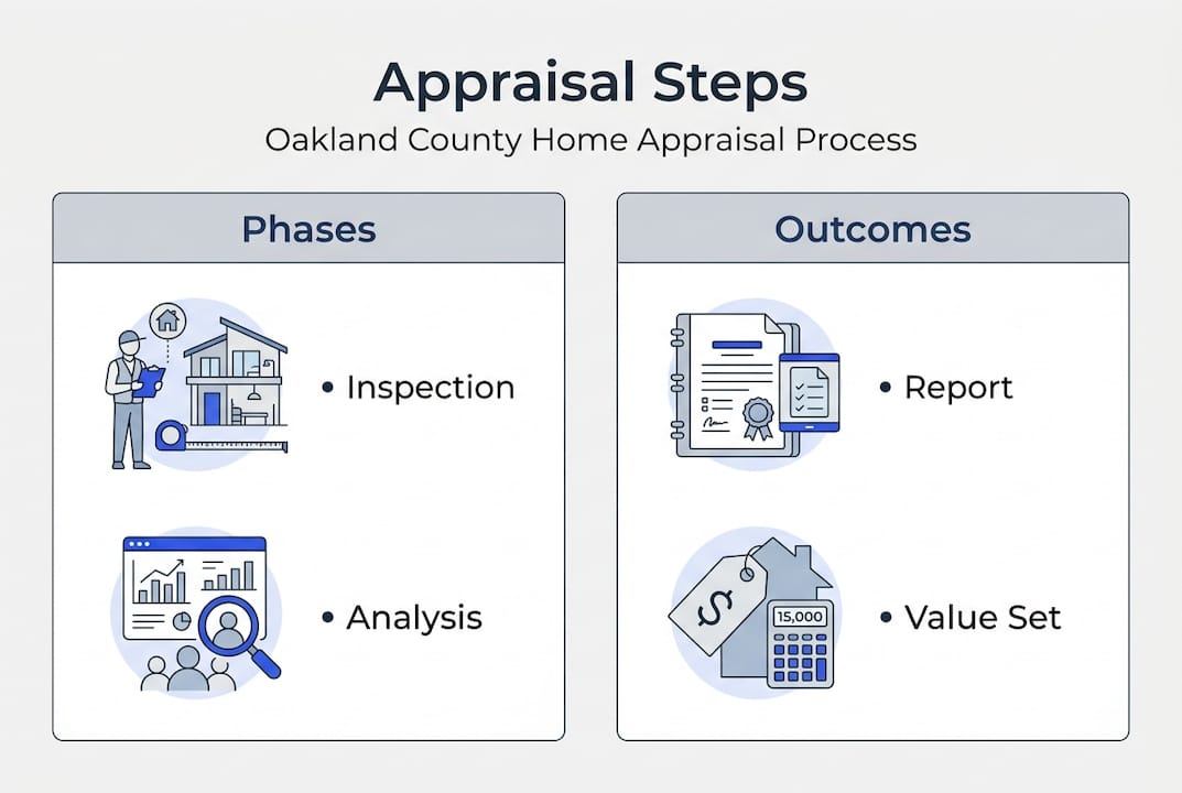 Oakland County Michigan home appraisal process steps and outcomes infographic showing timeline valuation approaches and low appraisal options 2026