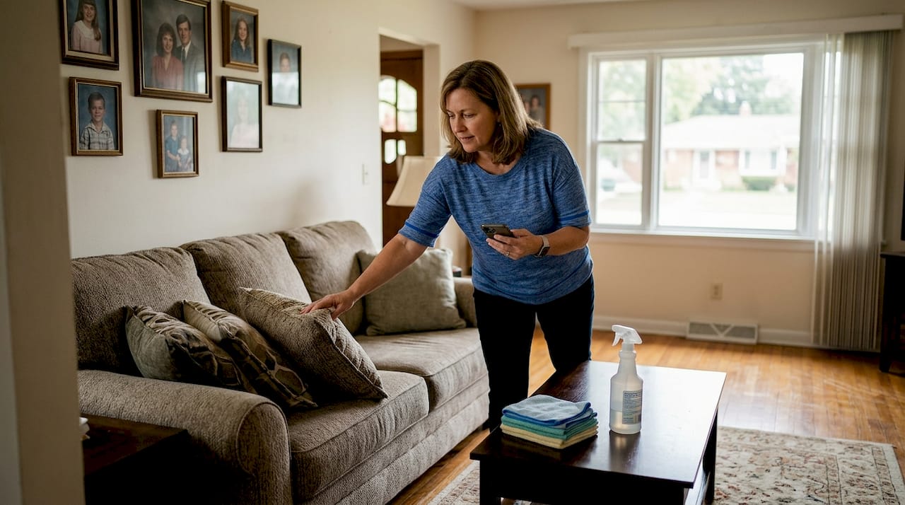 Woman preparing living room for home listing