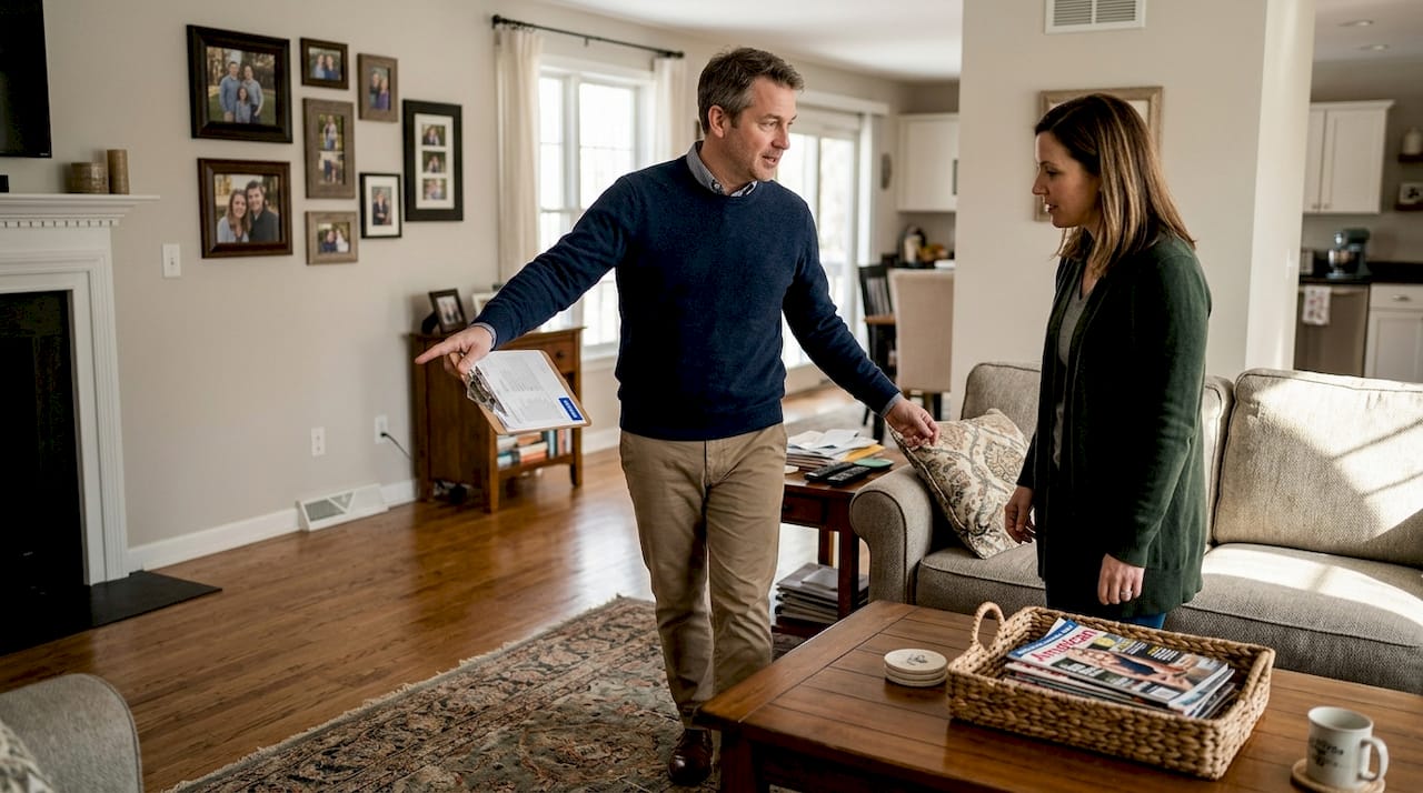 Realtor advising homeowner on living room prep