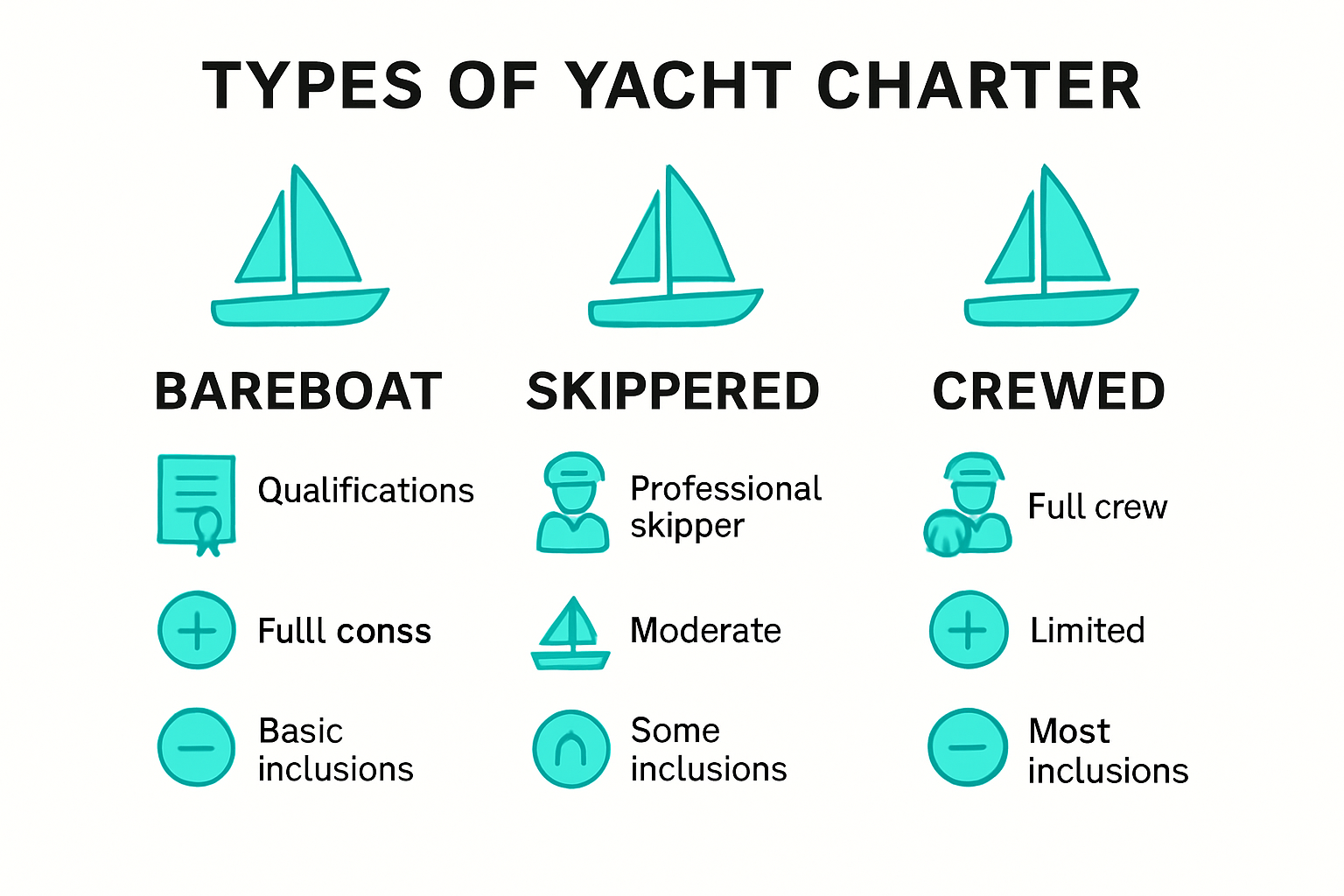 Infographic comparing yacht charter types and requirements