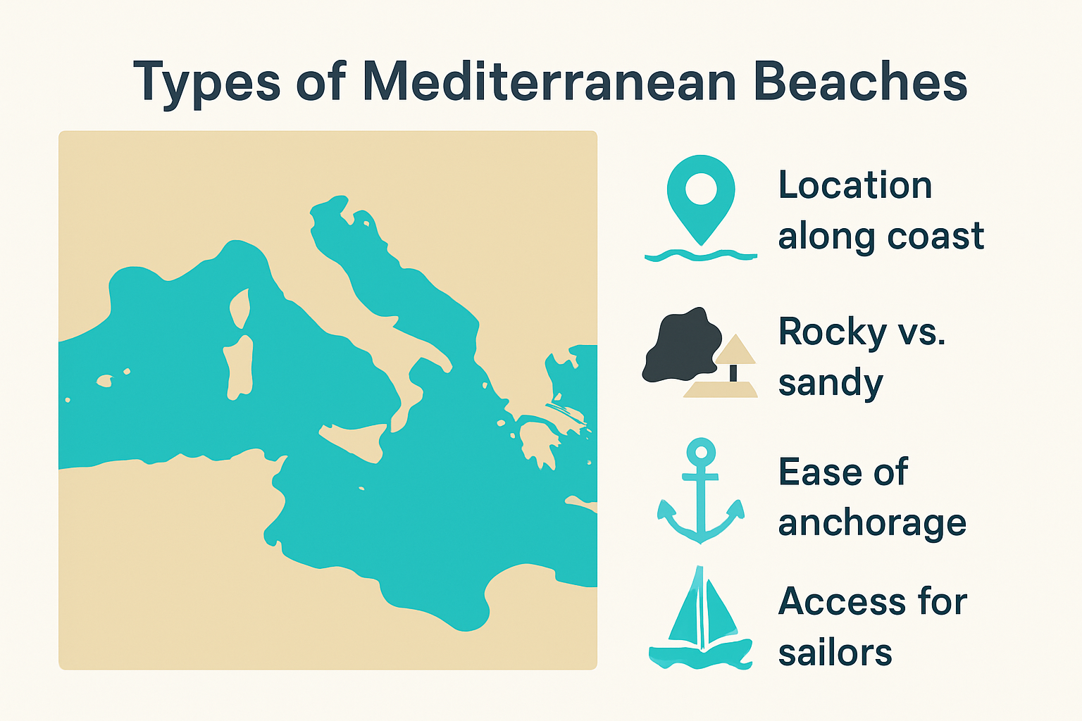 Mediterranean beach types and coastal features infographic