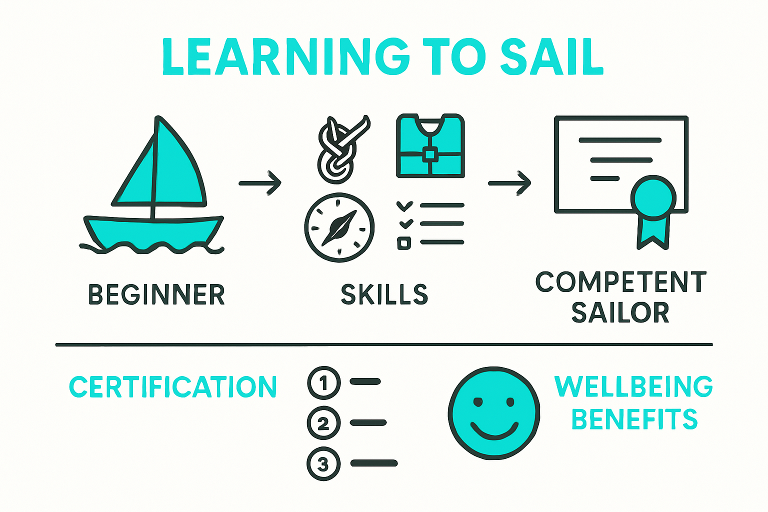 Infographic showing steps for adults learning to sail