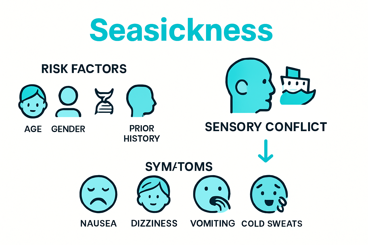 Infographic showing causes and symptoms of seasickness