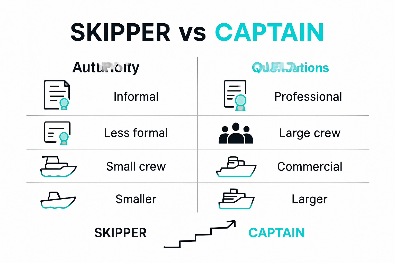Side-by-side infographic showing major differences between skipper and captain roles