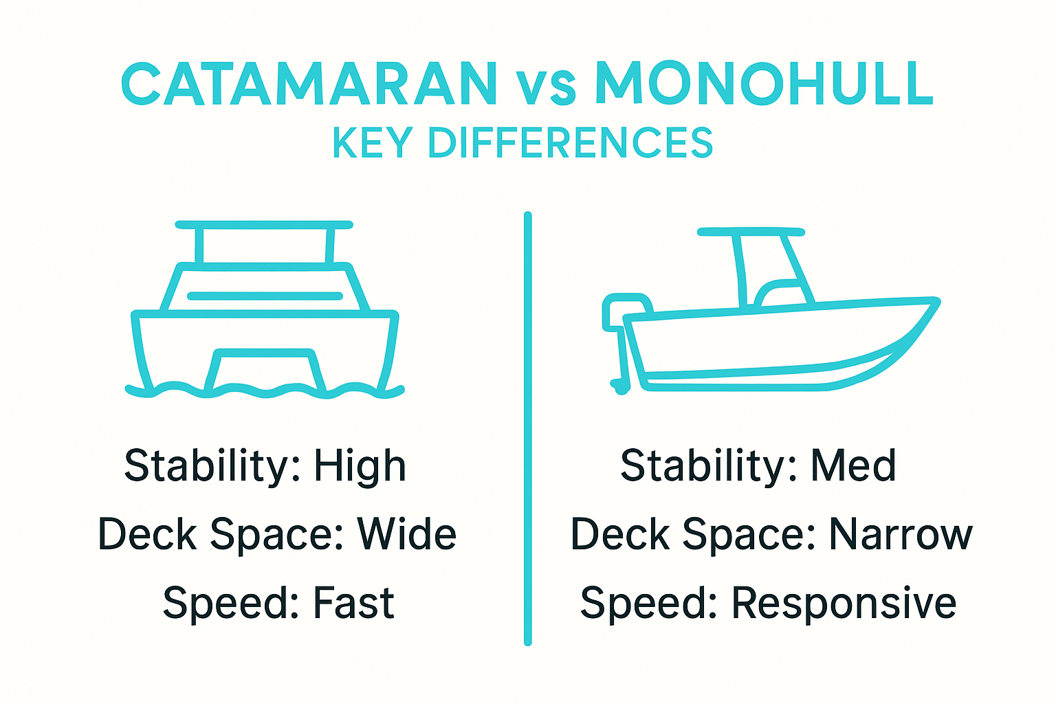 Graphic comparing catamaran and monohull with icons and 3 metrics