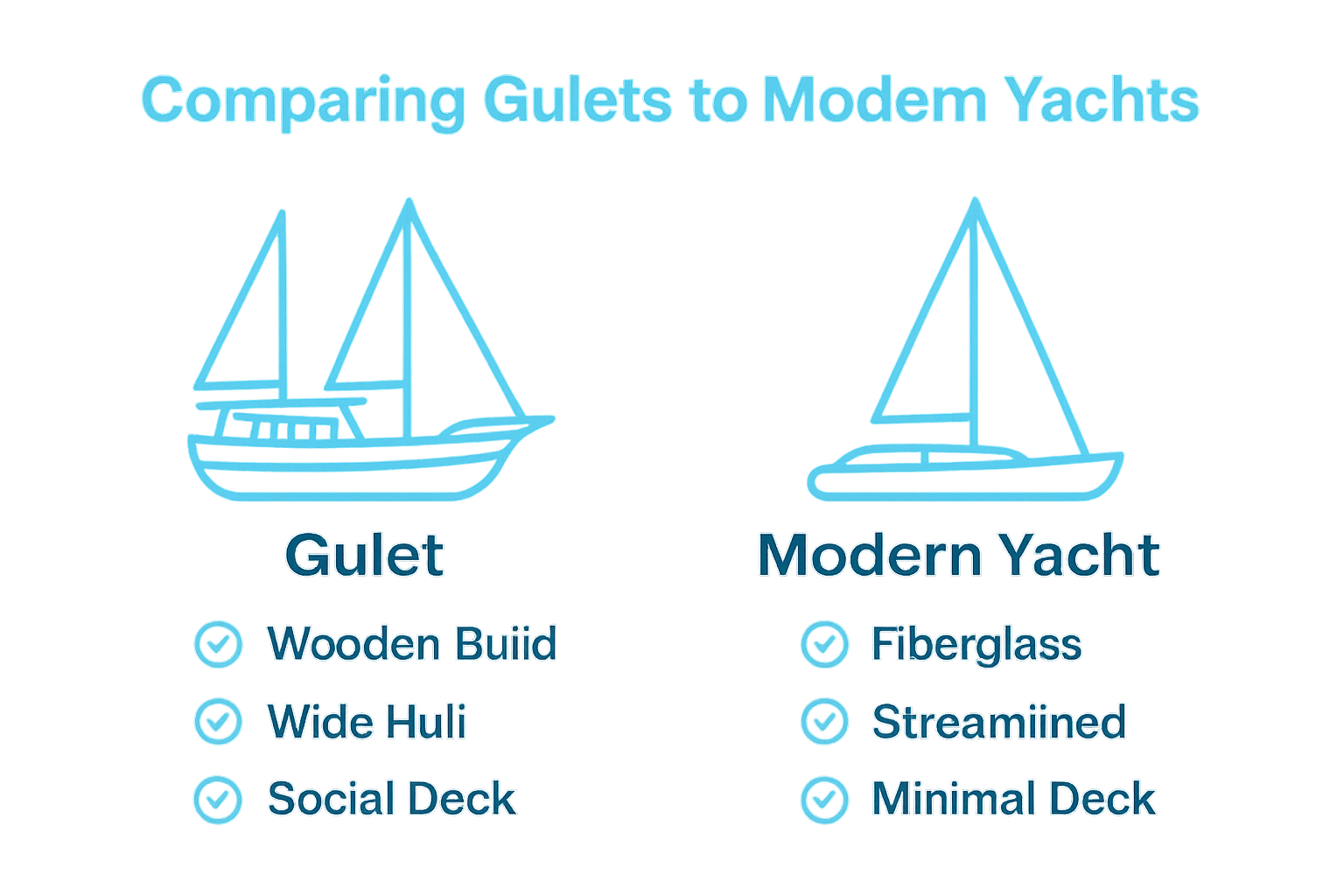 Comparison of gulets and modern yachts showing hull, rigging, and deck differences