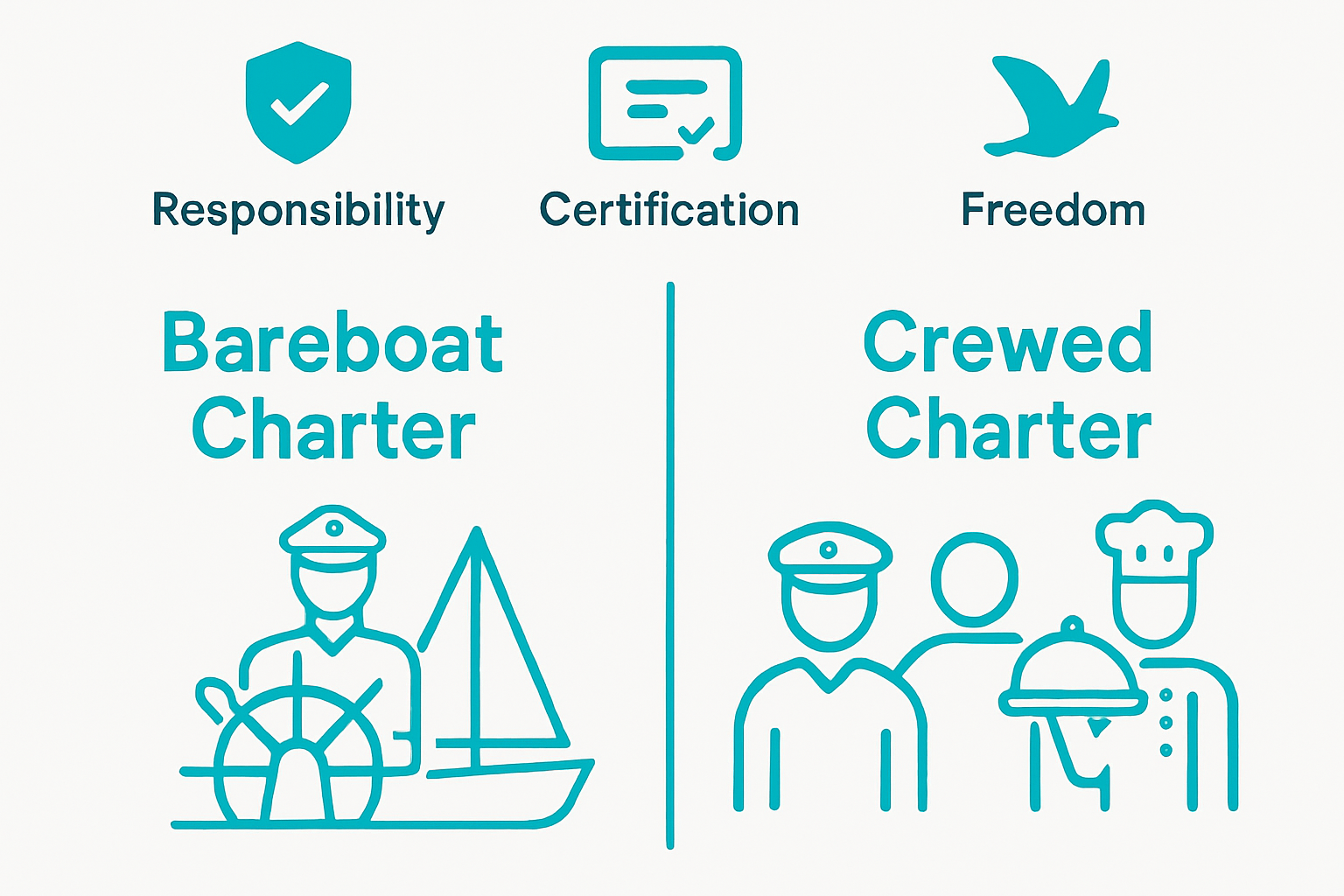 Simple infographic comparing bareboat and crewed yacht charters