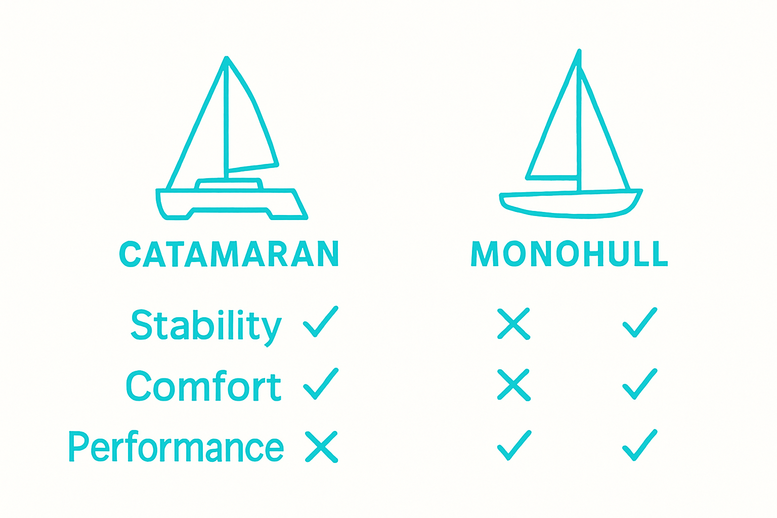 Infographic showing catamaran vs monohull pros and cons comparison