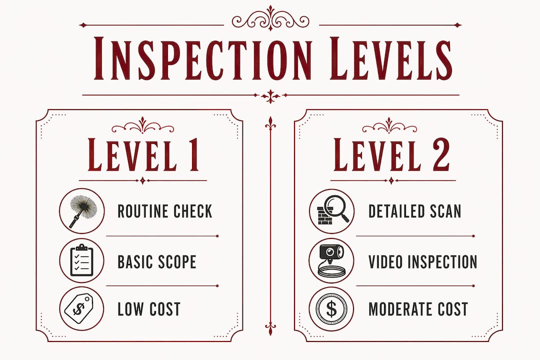 Infographic comparing Level 1 and Level 2 chimney inspections