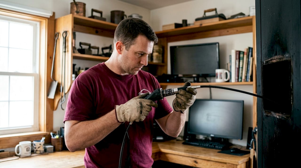 Technician holding chimney inspection camera