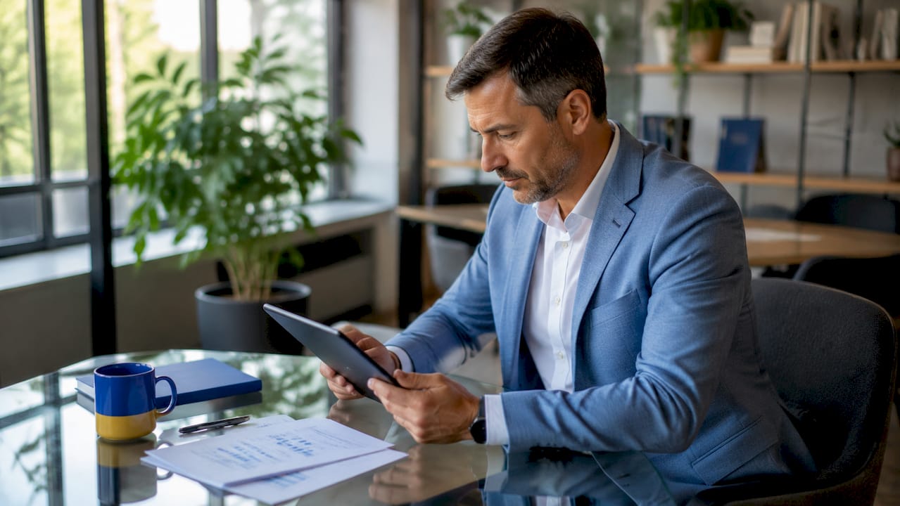 Man analyzing job listings on tablet in library study