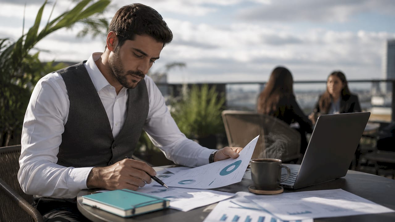 Cómo elegir agencia marketing digital para pymes Una persona analiza diferentes propuestas de marketing sentada en una mesa.