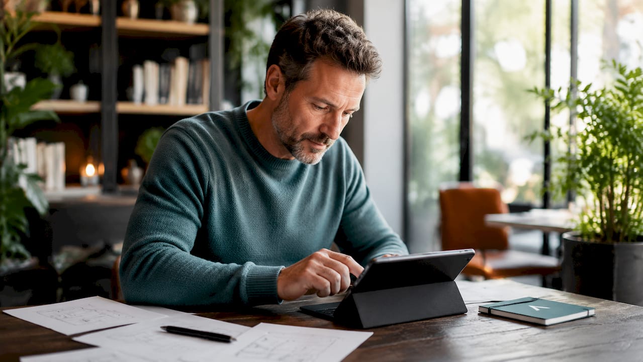 Professional using a tablet during a technology consultation for SMEs