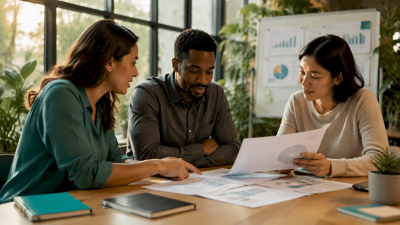 Un equipo de marketing diverso intercambia ideas y define la estrategia a seguir.