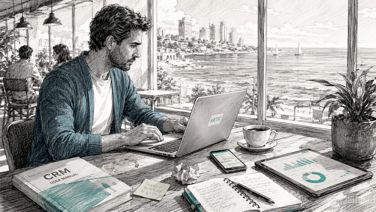 Un profesional trabajando en su escritorio mientras gestiona clientes desde una plataforma CRM.