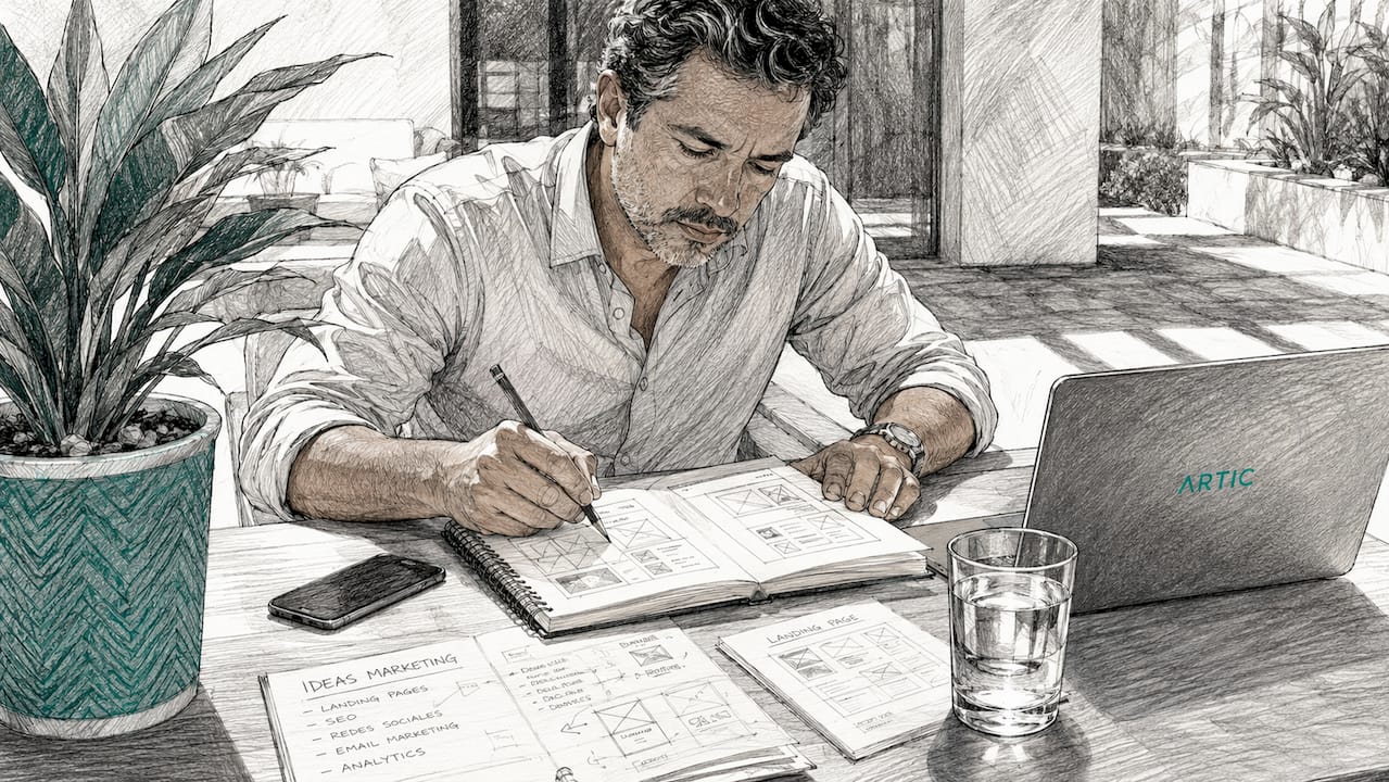 Agente inmobiliario creando una landing page desde su despacho