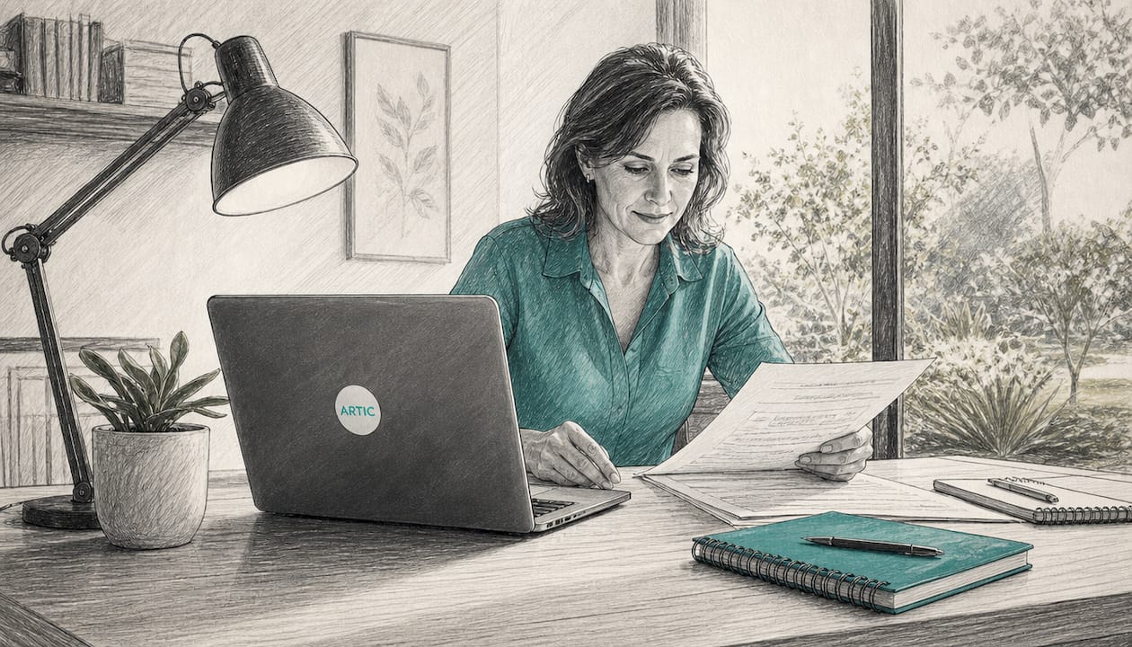 Emprendedora gestionando su negocio desde la oficina, rodeada de papeles y trabajando en su portátil.