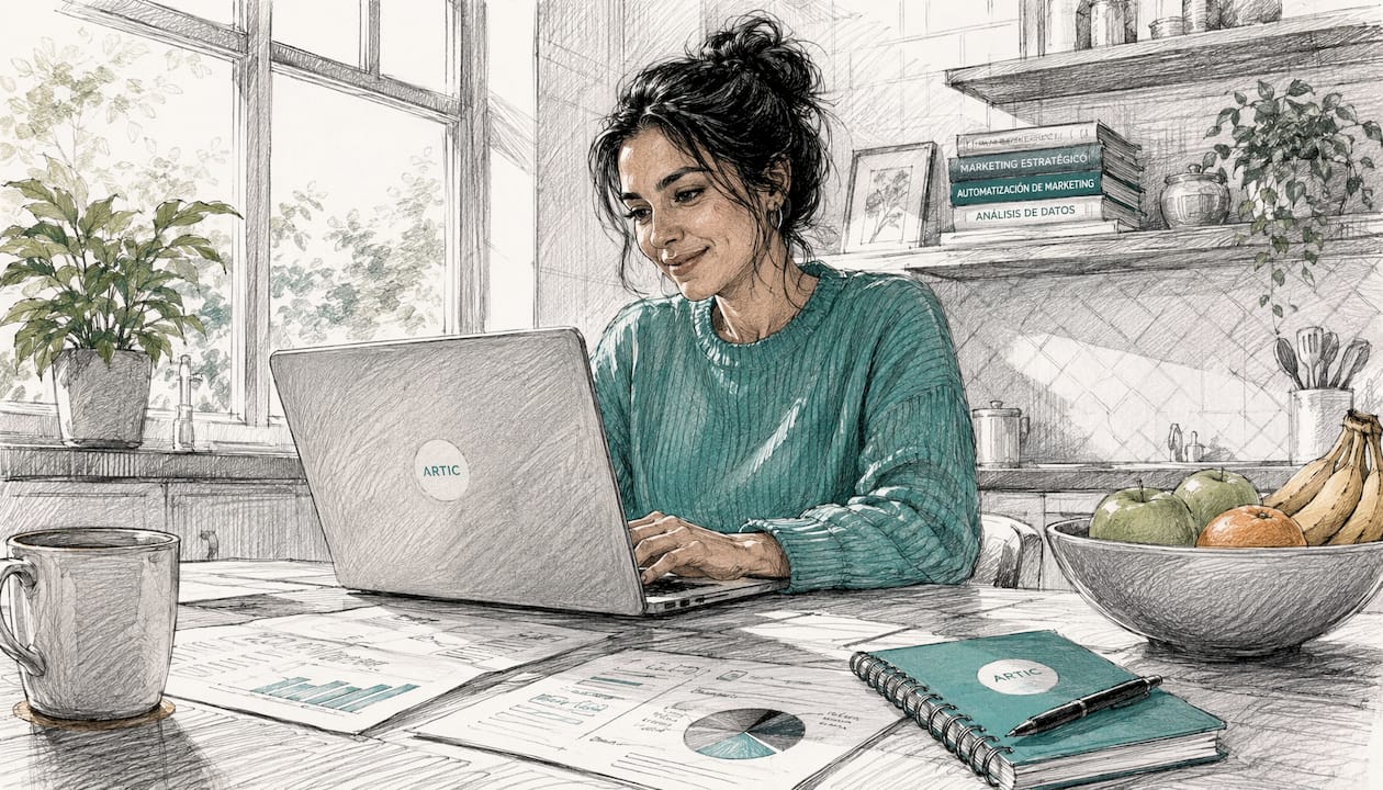 Automatización de marketing sin conocimientos técnicos Mujer trabajando desde casa y gestionando tareas con un software de automatización