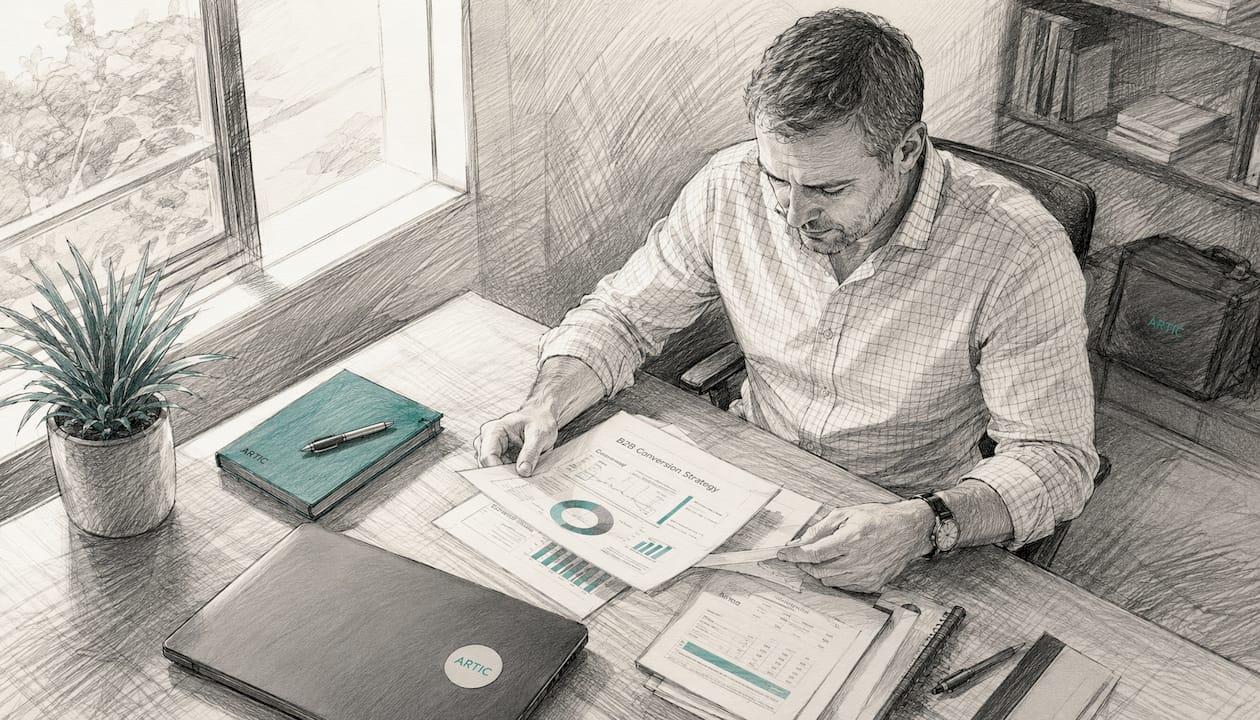 Un home analitza al?oficina diversos informes sobre estratègies per millorar la conversió en negocis B2B.