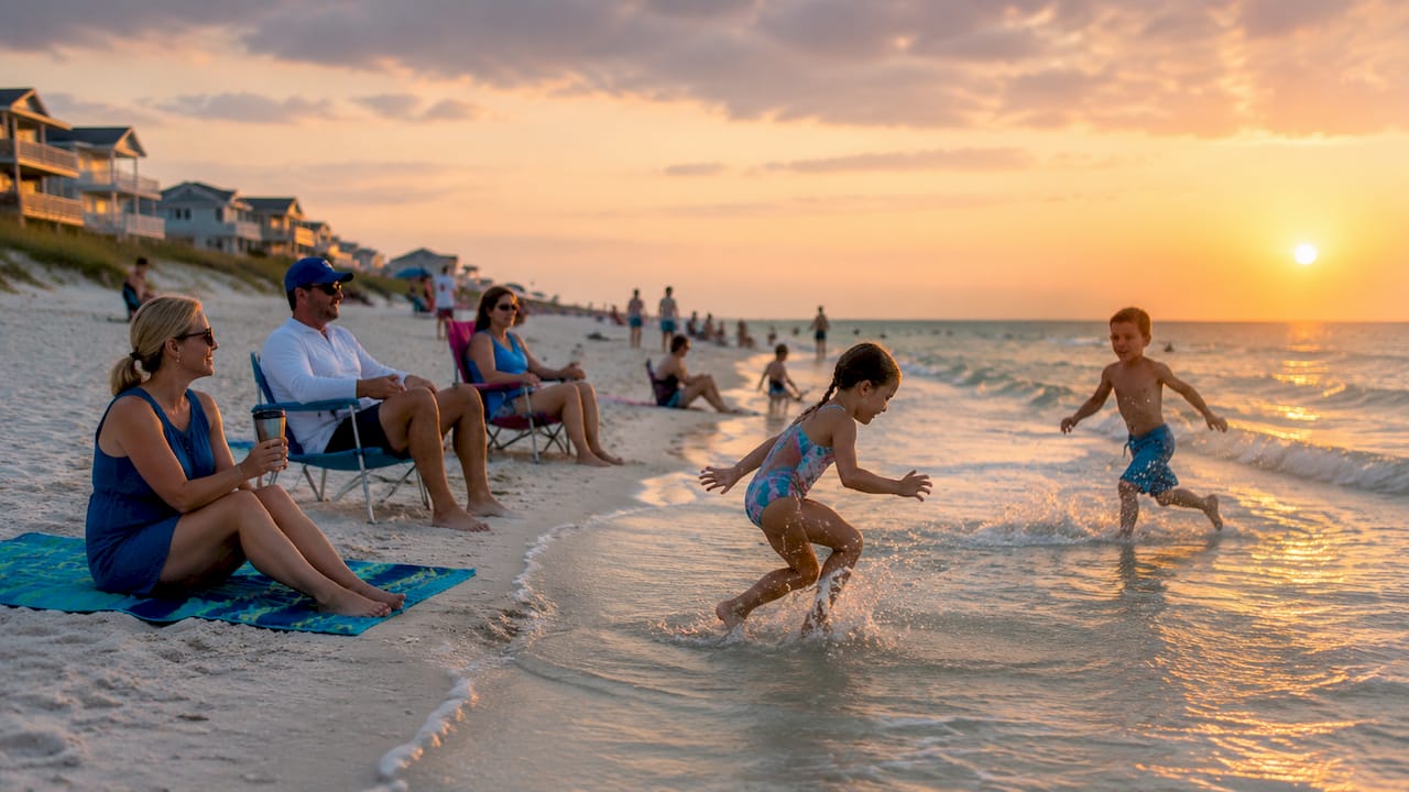 Crowded lively Destin beach with families and activities