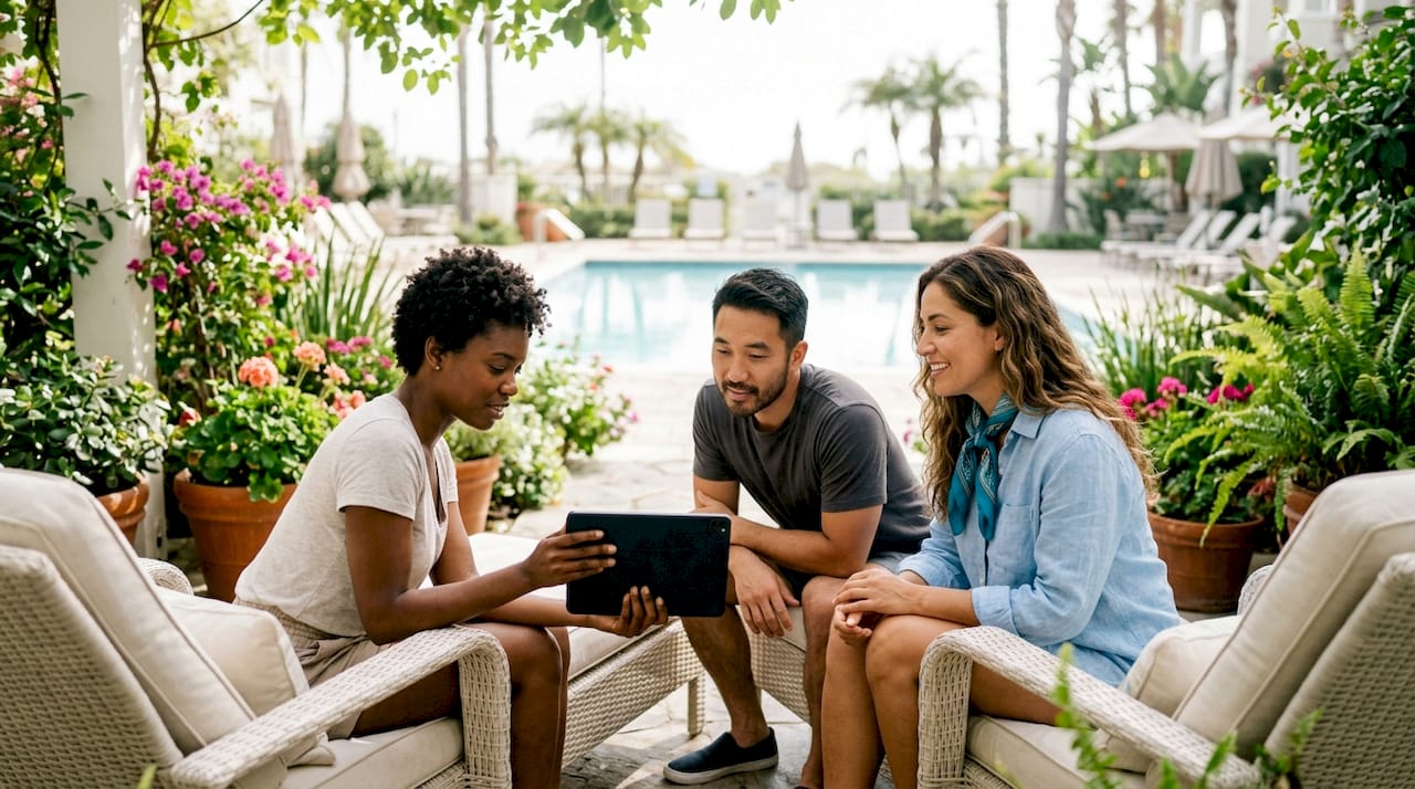 Group discussing vacation rental community amenities indoors