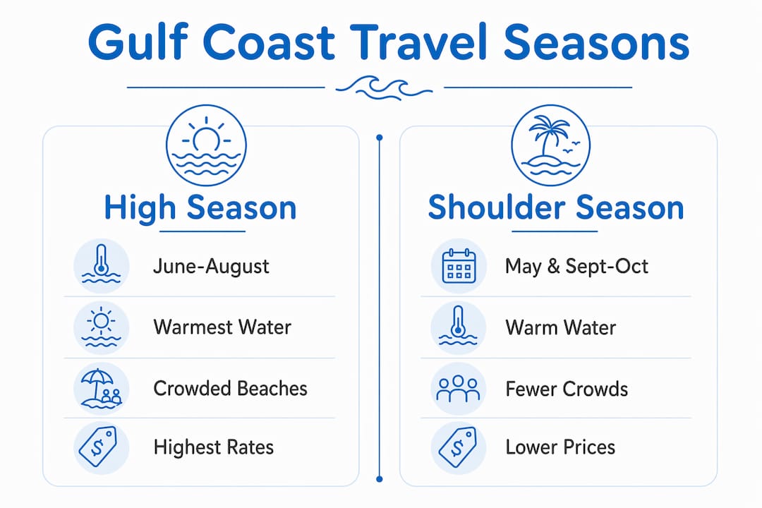 Infographic comparing Gulf Coast high and shoulder travel seasons