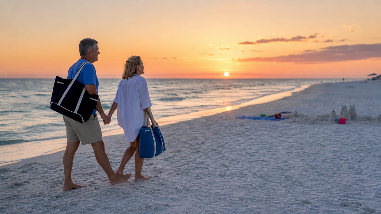 Couple walking on busy Gulf Coast beach during summer