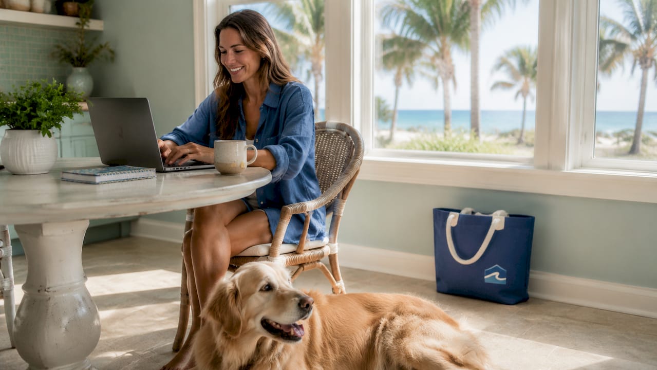 Woman researching pet-friendly beach rentals at home