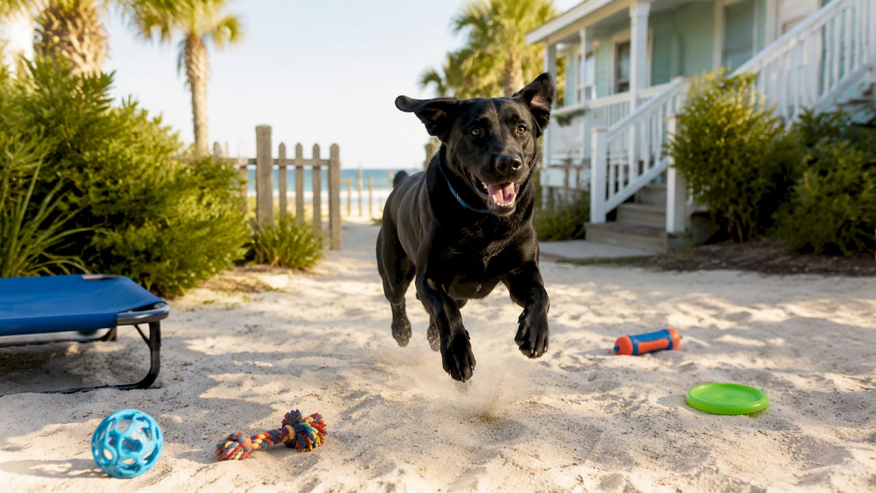 Black Labrador playing in fenced yard near beach rental