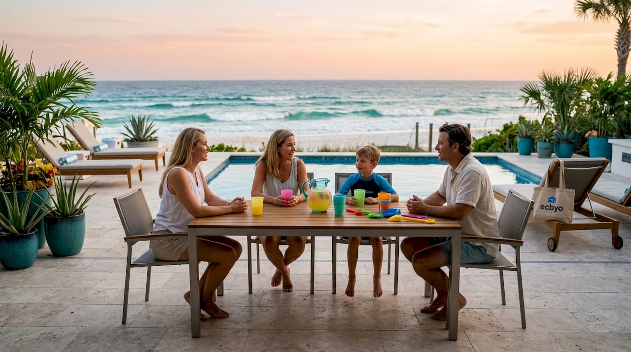 Family enjoying beachfront rental pool terrace